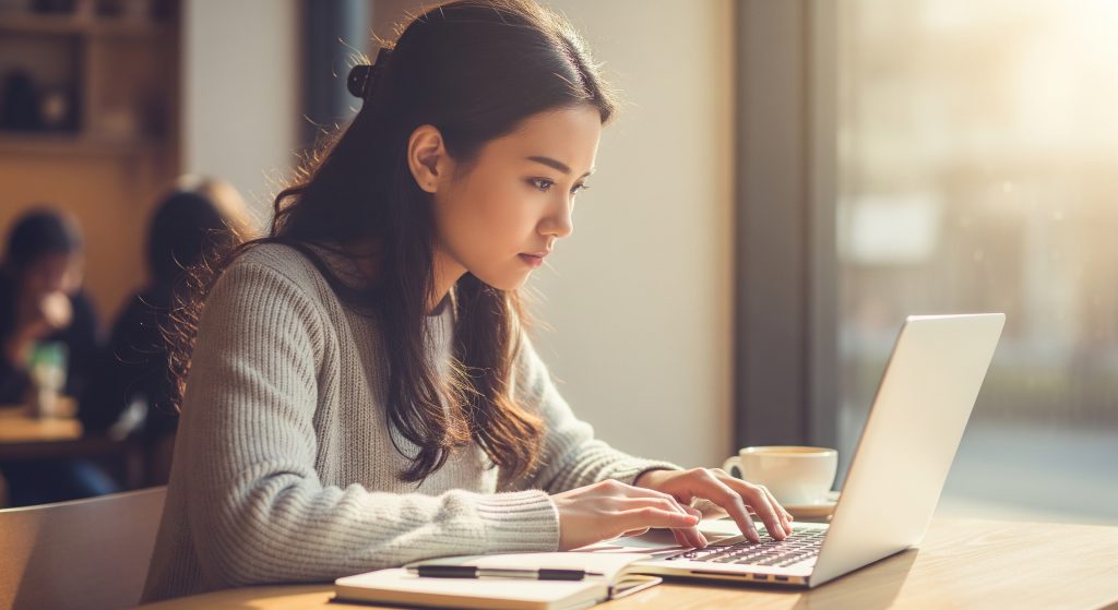 ノートパソコンを開いて、明るいカフェで集中して作業している若い女性。窓から優しい光が差し込んでいる。背景は少しぼかして、被写体を際立たせる。柔らかく、温かみのある雰囲気の写真。